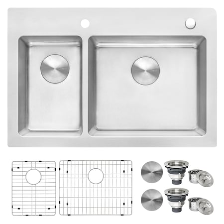 Ruvati 33"x22" Drop-in Topmount Kitchen Sink 16 Gauge SS 30/70 Double Bowl RVM5176